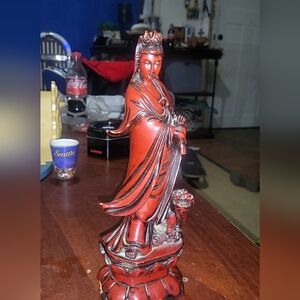 Red Asian-inspired Resin Figurine with Lion